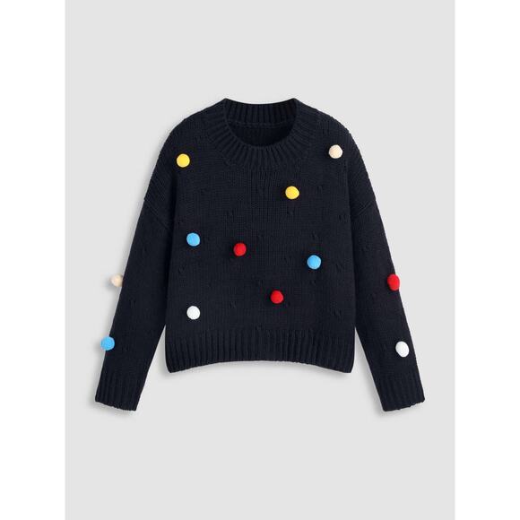 Cider Women's Blue Pom Poms Chunky Knit Long Sleeve Pullover Sweater Top Size M - Picture 5 of 9